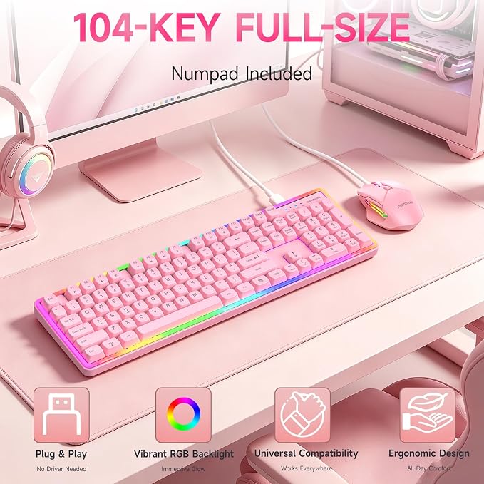 Wired RGB Keyboard and Mouse Combo, Rainbow Backlit, 104-Key Full-Size with Numpad, 6400 DPI Ergonomic High-Precision Mouse, USB Plug & Play, for PC Laptop Mac Windows Mac Office Gaming (Pink)
