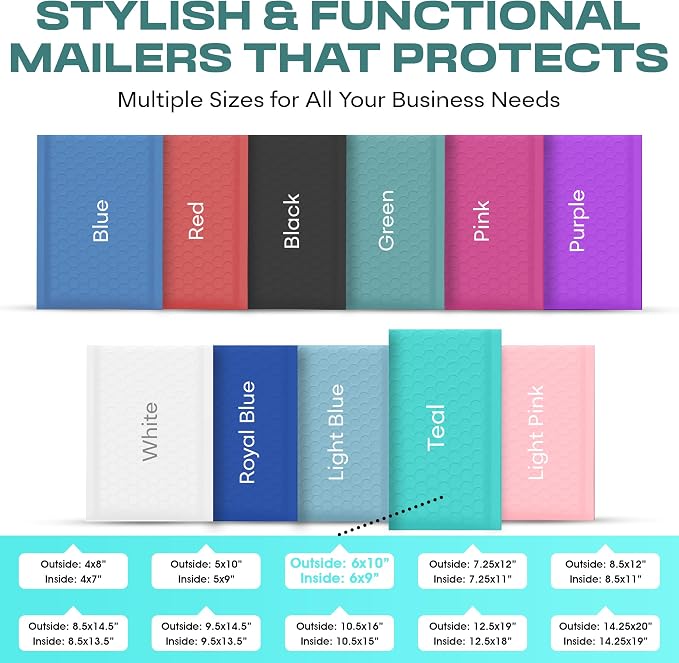 Teal Bubble Mailers 6x10, Self Seal Poly Padded Envelopes #0, 500 Pack | Fits Cards, CDs & Small Items,No Tape Needed,Cushioned Protection,Water-Resistant Poly,Bulk Pack for Small Business