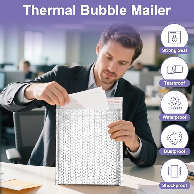 25 Pack Thermal Bubble Mailer, 8.8 x 11" Metallic Bubble Mailers, Self Seal Cool Mailers, Foil Mailing Envelopes, Waterproof Padded Envelopes, Insulated Shipping Bags for Cold Shipping