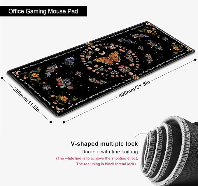 Gothic Moth Desk Pad Mat, Black Orange Large Mousepad, Moon Phases Desk Matt for Desktop, Suitable for Work, Gaming, Office, Home, Computer Accessories, 31.5 X 11.8 in, Floral Plant Aesthetic