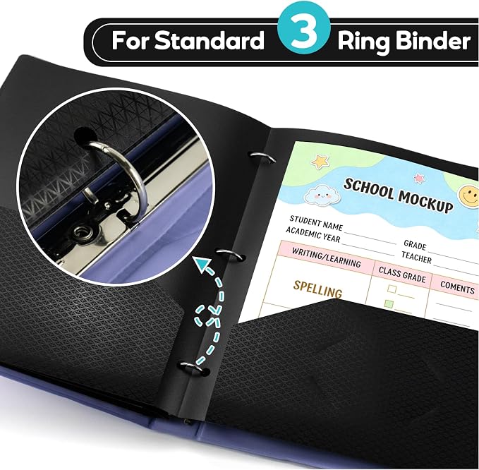 Textured 2 Pocket Folder(3 Pack,Black) Plastic Folders with Pockets,3 Holes Punched, Fits Letter Size 3-Ring Binder, Heavy Duty for School,Office,Back to School Supplies