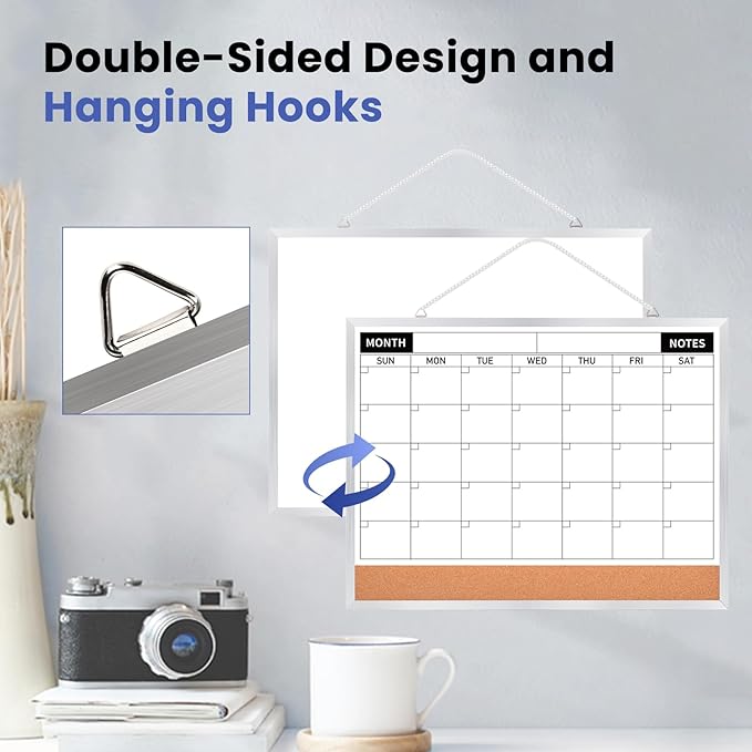 Monthly Calendar Dry Erase Board for Wall, 17"x13" Double-Sided Magnetic Calendar White Board with Cork, Silver Aluminum Alloy Frame Hanging Small Whiteboard for Office, Home, School