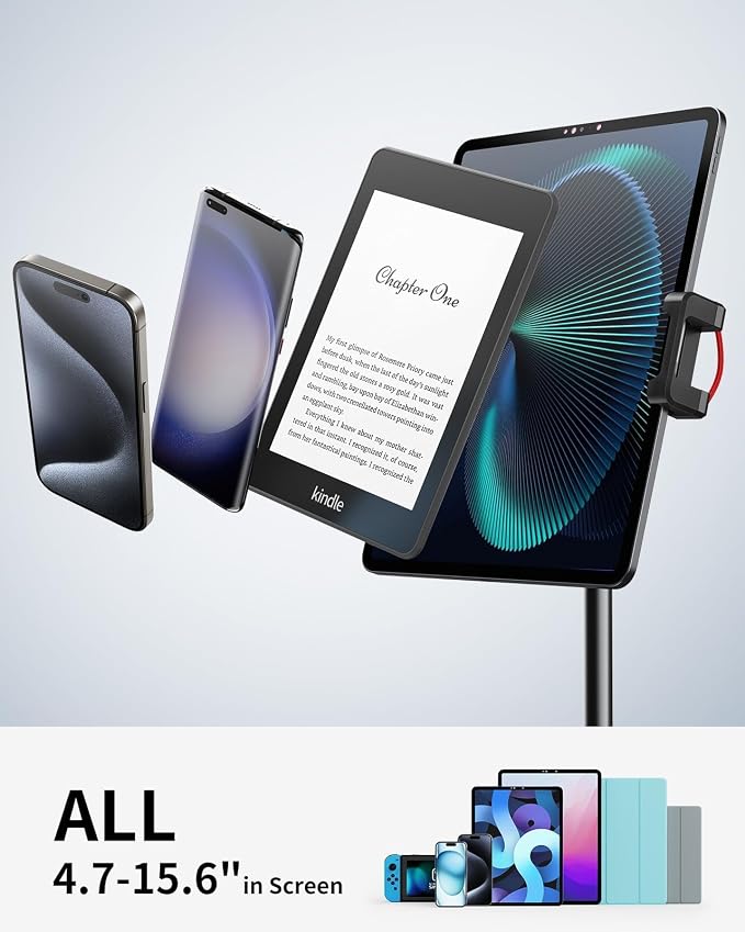 SAIJI iPad Stand for Desk - Height Adjustable & Weighted Base Phone Holder | Aluminum Stand with a 360° Rotating Clamp, Extra Tall, for iPad Air/Pro iPhone & Portable Monitor, Fits 4.7"–15.6" Screens