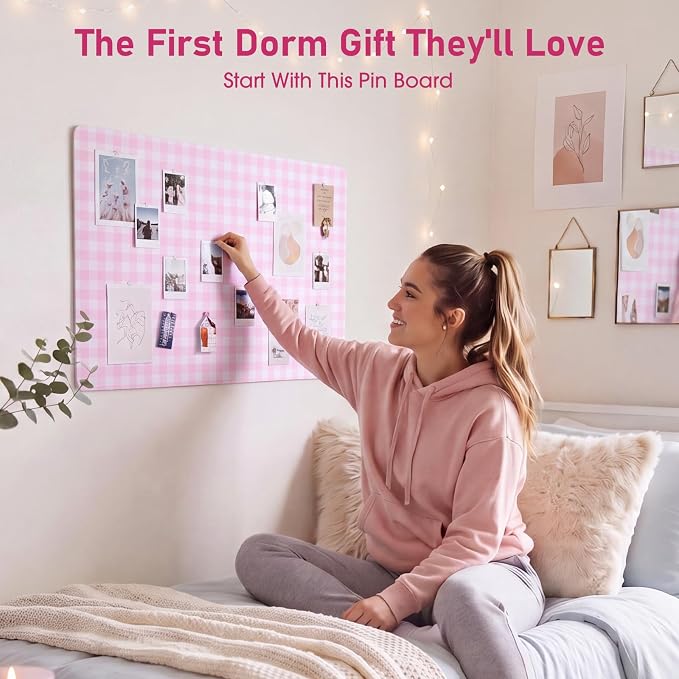 Felt Bulletin Board, 24" x 15.7" Decorative Felt Pin Board, Foldable Photo Display with Pushpins, Wall Vision Cork Boards Alternative for Home Bedroom Office Dorm (Pink Plaid)