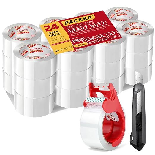 Heavy Duty Packing Tape for Moving Boxes and Packaging Supplies, 6/12/18/24 Rolls Clear Moving Tape with Dispenser and Utility Knife, 1.89in. X65yd, Mailing and Moving Supplies (24)