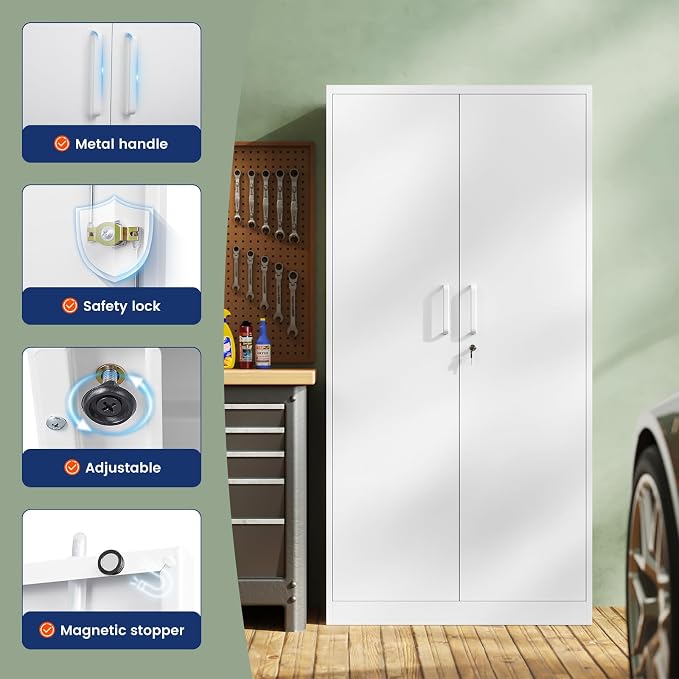 Metal Storage Cabinet with Locking Doors and 5 Adjustable Shelves,- 72" Garage Storage White Steel Lockable File Cabinet for Office,Home,Garage