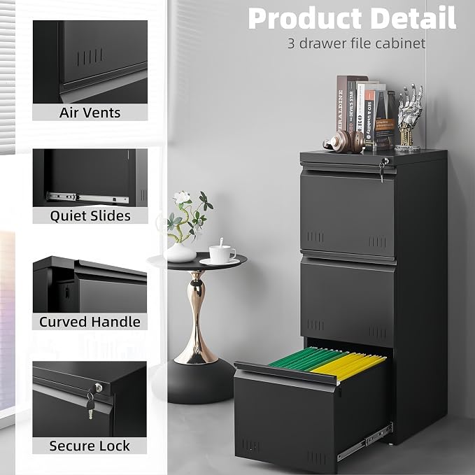 Approgreent Vertical 3 Drawer File Cabient with Lock, Metal Filing Cabinets for Home Office, Heavty Duty Office Storage Cabinet for A4/Letter/Legal (Matte Black)