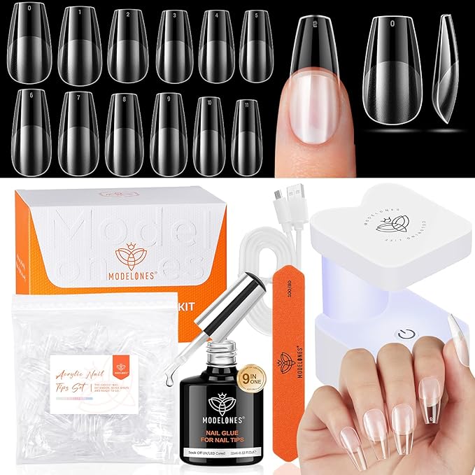 modelonesn X Nail Gel Kit Kit Medium Coffin, 9-in-One Nail Glue with Portable U V Lamp 216Pcs 12Sizes Pre-Etched Press ons Fake Acrylic Extension Kit DIY Salon Gift for Women