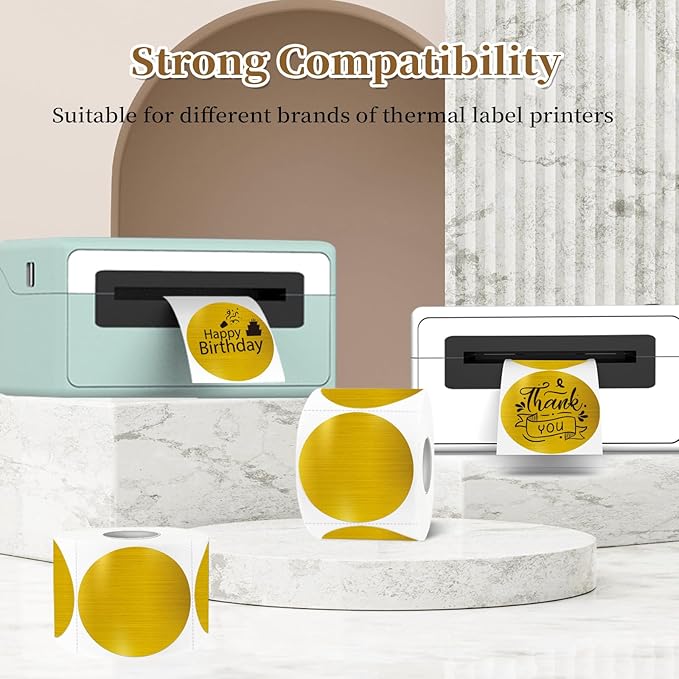 2 Inch Holographic Thermal Labels,Gold Round Thermal Printer Labels,Printable Round Thermal Printer Labels Self-Adhesive Direct Thermal Label(300 Labels/Roll Gold)