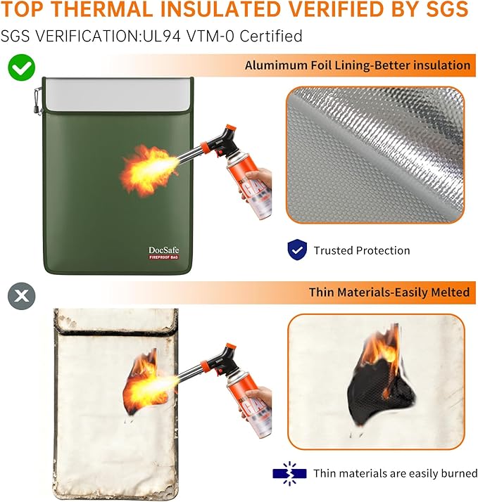 DocSafe Fireproof Document Bag (5200℉) with Fireproof Organizer Travel Case,Heat Insulated Fire＆Water Resistant 8 Layers Safe Money Bag Storage for Important Documents,Cash,Power Bank,Valuables,Green