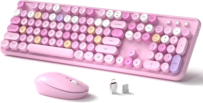 Links9+ Colorful Wireless Keyboard and Mouse Combo (Pink Colorful) | Full-Size Retro Typewriter Style Keyboard with Vintage Round Keycaps, 2.4G Wireless Set for Windows, Mac, Laptop, PC, Tablet