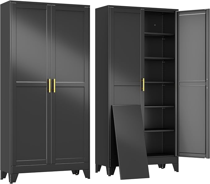 erosoei 75" H Large Metal Garage Storage Cabinet, Black Metal Pantry Cabinet with 2 Doors, Locker Steel Cabinet with 5 Adjustable Shelves, Freestanding Cupboard for Garage,Office,Home,Gym,School