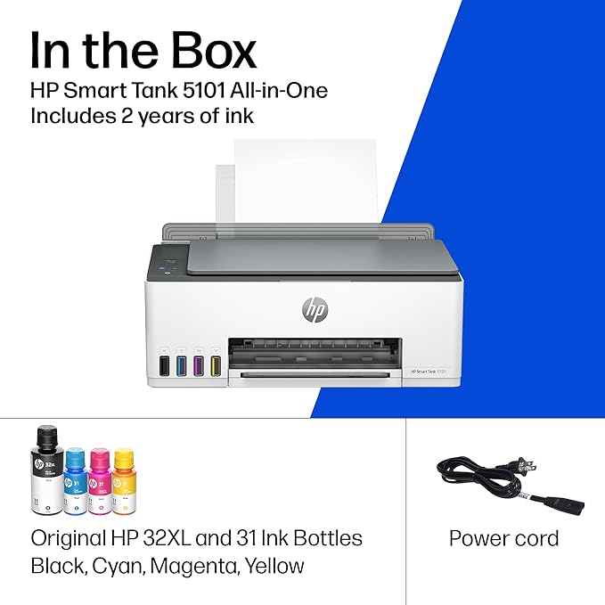 HP Smart Tank 5101 Wireless All-in-One Refillable Printer, Scanner, Copier with 2 years of Ink included, Wireless printer-for-home use an EcoTank Alternative (1F3Y0A)