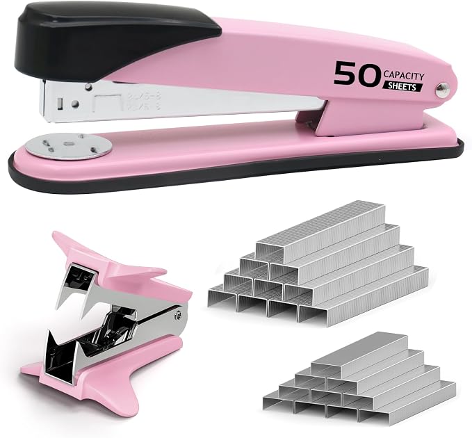 Pink Stapler Heavy Duty, Staplers for Desk, 2000 Staples, Staple Remover | 50 Sheet Capacity No Jam Metal Stapler, Non-Slip Heavy Duty Stapler, Pink Office Supplies for Teacher, Office Clerks
