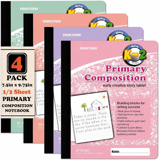 Mintra Office Primary Ruled Composition Books (Primary Ruled - Pastel, 4 Pack) - 1/2 Sheet with Drawing Area