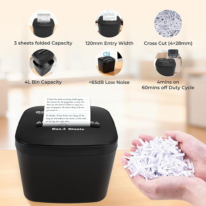 OVO-408S 4x28mm Cross Cut Mini Paper Shredder for Home Office, Auto Start/Stop, 3-Sheet Capacity, Quiet <65dB with 4L Bin & Motor Reverse
