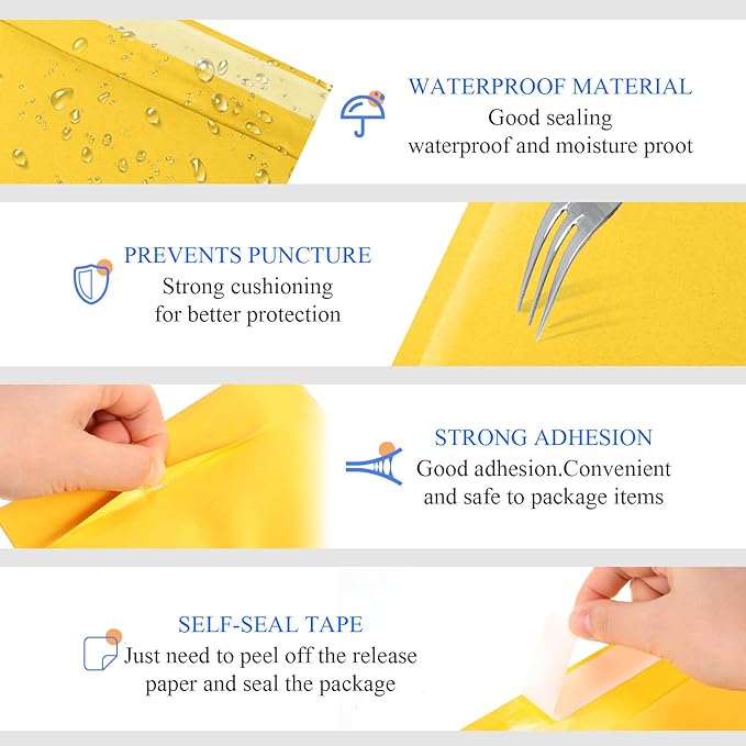 100 Pcs Kraft Bubble Mailers 3 Size Padded Envelopes Kraft Poly Mailers Bubble Lined Shipping Envelopes Mail Shipping Bags for CDs Book Business Supplies (Yellow)