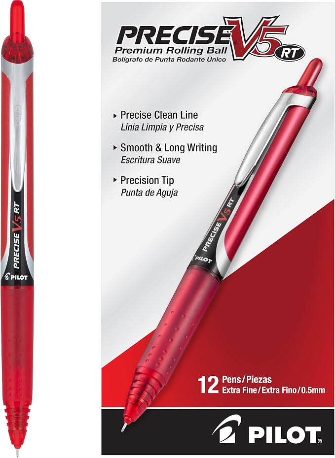 PILOT Precise V5 RT Rollerball Pens, Red, Pack of 12