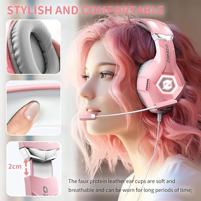 Ozeino Gaming Headset for PC, Ps4, Ps5, Xbox Headset with 7.1 Surround Sound, Gaming Headphones with Noise Cancelling Mic RGB Light Over Ear Headphones for Xbox Series X/S, Switch-Pink
