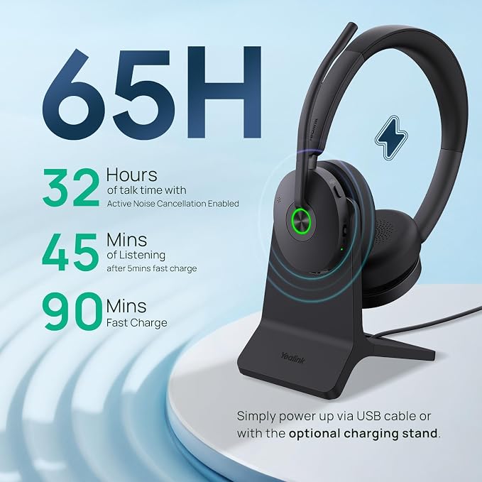 Yealink BH74 AI ANC Wireless Headset with Mic for Work with Charging Dock | 6 Hybrid ANC Mic Clear Call,Bluetooth Headset for Open Office Hybrid Work,Flip to Mute&32H Battery Life,UC Compatible,USB C/A