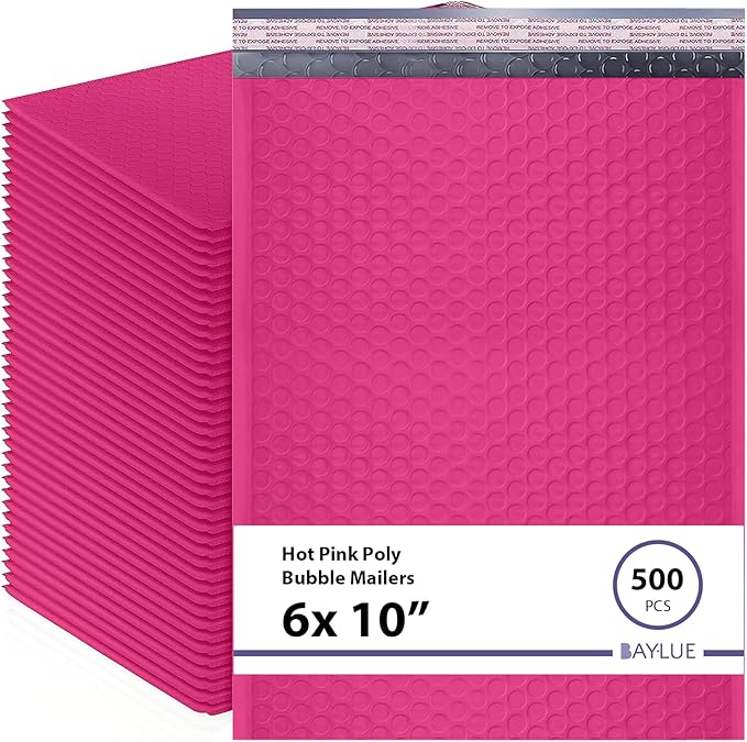 Hot Pink Small Poly Bubble Mailers 6x10 inch #0 | Self Seal Padded Envelopes | Cushioned Bubble Mailer | Usable Size 6x9 | 500 Pack Bulk | WaterProof | Lightweight mailing Shipping Bags