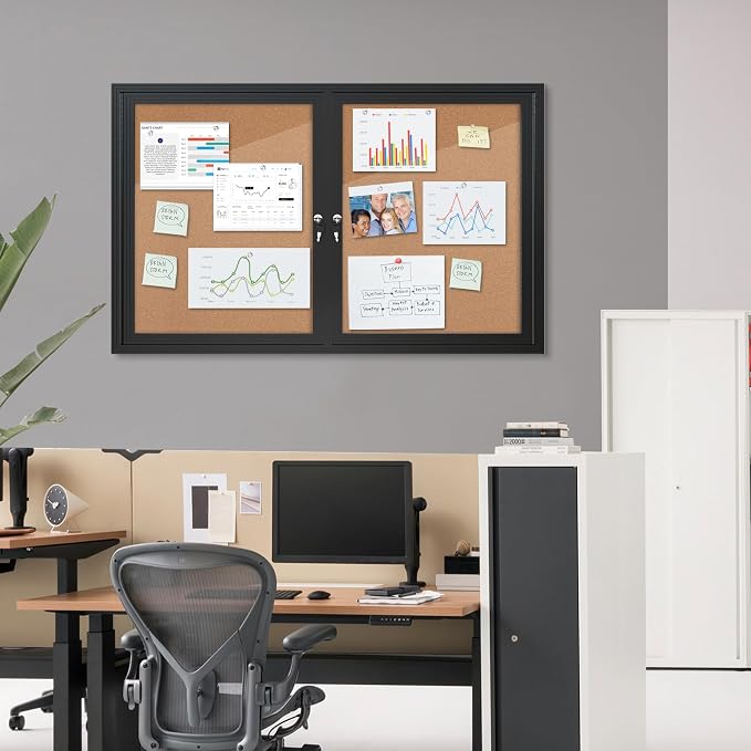 Mifuro 48"x30" Enclosed Bulletin Board, Outdoor Lockable Weather-Resistant Aluminum Cork Noticeboard for School & Office, Black Frame w/Cork