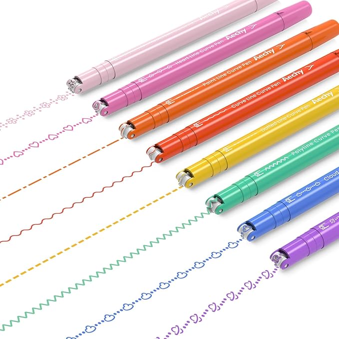 AECHY Dual Tip Curve Highlighter Pens, 8 Patterns, 8 Colors, 8 Pack | Fine Tip Colored Marker Pens with Curve Pattern Roller for Note Taking, Journaling, Back to School Supplies & Teacher Gifts