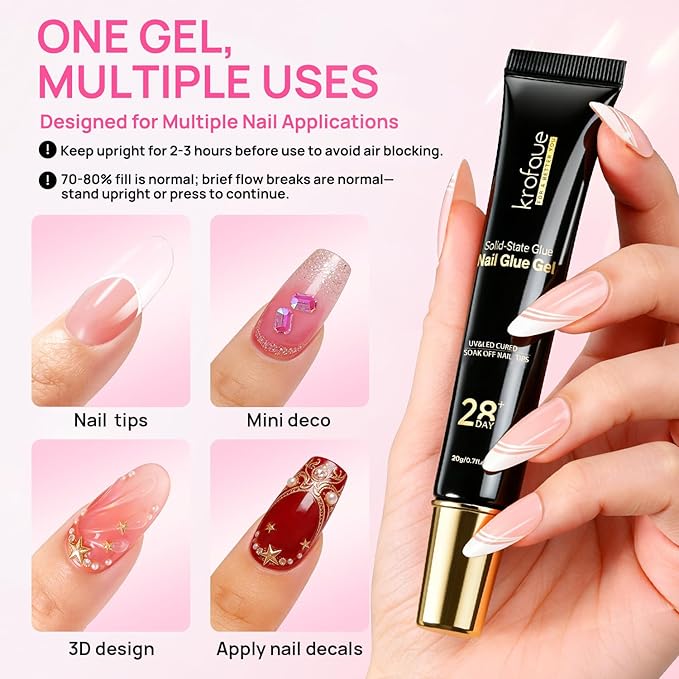 krofaue Solid Gel Nail Glue 4Pcs 20g – UV-Cured Clear Nail Adhesive for Gel Nails, 3D Nail Gel, Press on Nail Glue, Rhinestones, DIY Home Manicure, Salon Use, Long-Lasting, Beginner-Friendly.