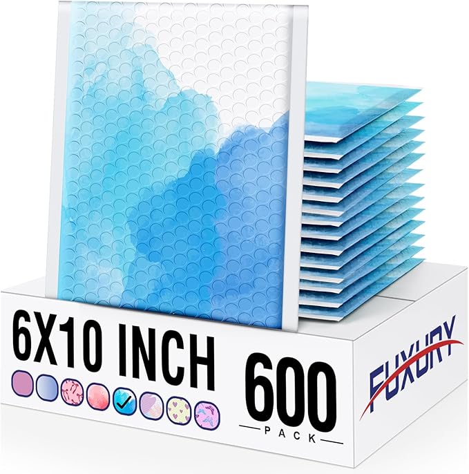 Fuxury Bubble Mailers 6x10" Blue Watercolor Small Padded Envelopes 600 Pack Usable Size 6x9" Strong Adhesion Bubble Envelopes Thick Padded Mailers Waterproof Shipping Bags for Jewelry Makeup #0