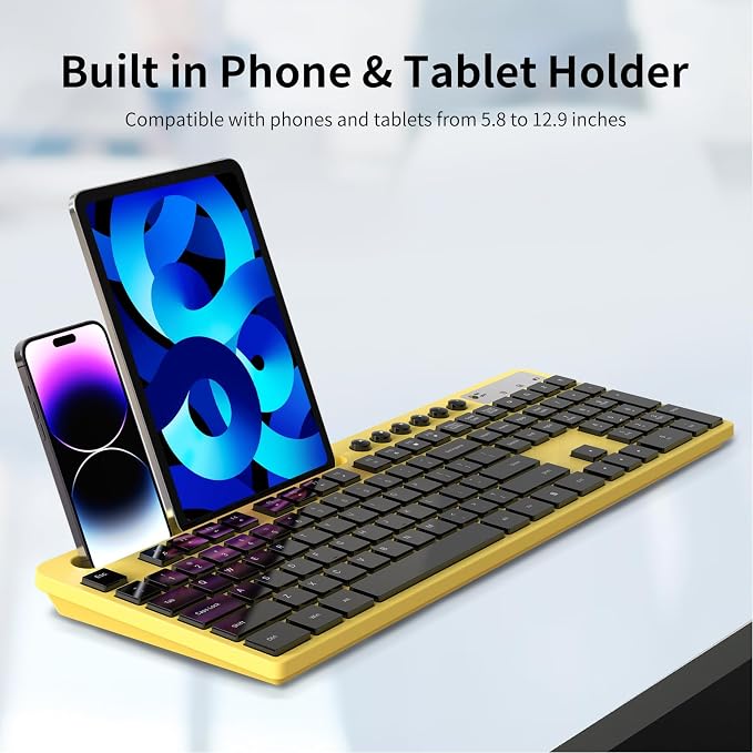 Wireless Keyboard and Mouse Combo, MARVO 2.4G Ergonomic Wireless Computer Keyboard with Phone Tablet Holder, Silent Mouse with 6 Button, Compatible with MacBook, Windows (Yellow)
