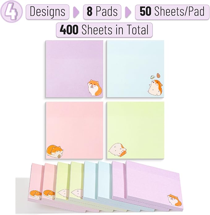 Mr. Pen- Aesthetic Sticky Notes, 3"x3", 8 Pads, 400 Sheets, 4 Designs | Tiny Hamster Sticky Notes, Self-Stick Note Pads Aesthetic, Perfect for Office, School, Home, Study & Organization