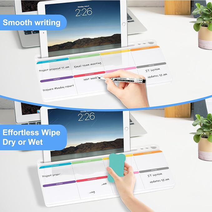 Desktop Glass Whiteboard with Storage, Weekly Calendar Desk White Board | Computer Keyboard Stand, Office Desk Organizers and Accessories with Drawer, To Do Memo Notepad, Home School Supplies