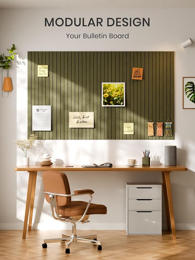 Bumusty 48"x 36" Large Felt Bulletin Board Tiles, Olive Green | 12-Pack Cork Board Alternative, Wall Decor, 30 Pushpins, 60 Adhesive Tabs, Vision Board, Office, Classroom, Home, Dorm