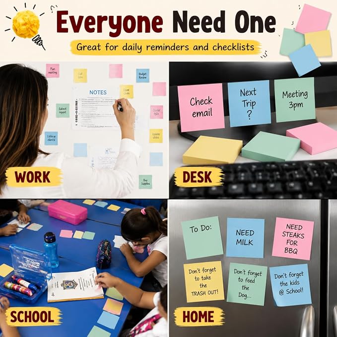 Sticky Notes 3x3, 24 Pads/2400 Sheets, Strong Self-Adhesive Note Pads | 3x3 Sticky Notes Pad, 4 Pastel Colors, Repositionable, Removes Cleanly, Smooth Thick Paper, Ideal for Home, Office & School