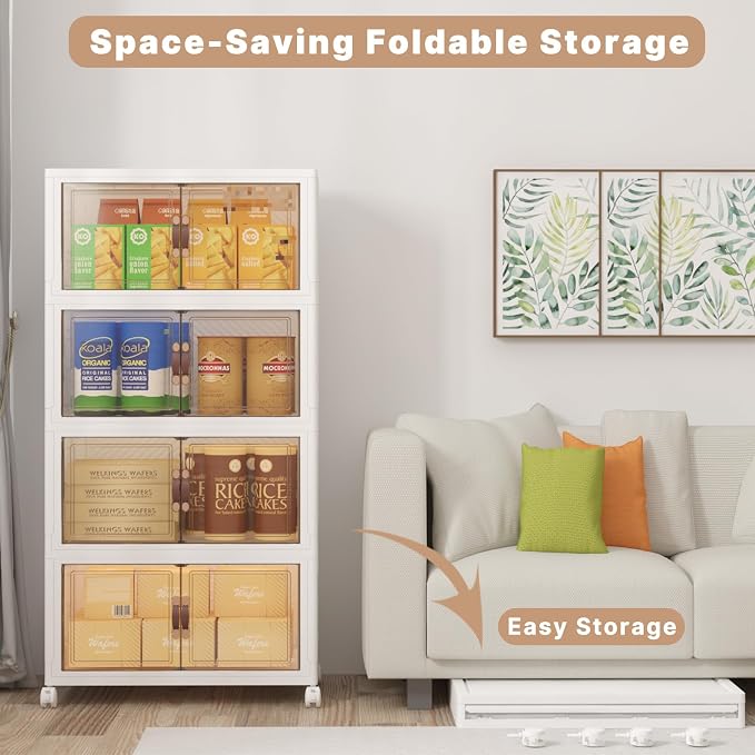 480QT Stackable Storage Bins with Lids,Doors & Wheels | Closet Organizers and Storage Cabinet, Lockable Plastic Foldable Drawers for Bedroom Dorm Office Garage（120QT*4,White）