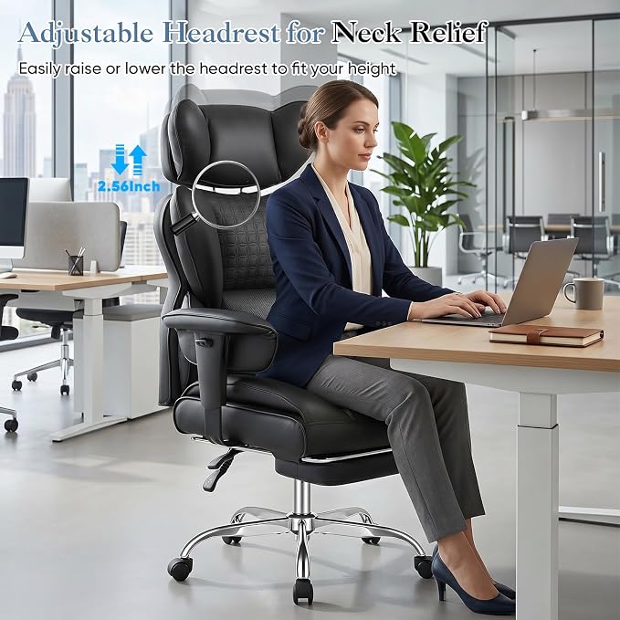 DUMOS Big and Tall Home Office Desk Chair, Executive Chair with Footrest | PU Leather, Ergonomic Comfy Lumbar Support, High Back Reclining, Adjustable Armrests, Black