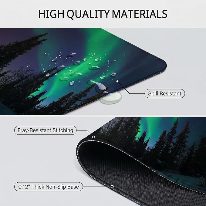 Auhoahsil Northern Lights Aurora Desk Mat, Ultra Large Full Desk Gaming Mouse Pad, Dark Night Forest Landscape Extended Keyboard Pad, Nature Aesthetic Desk Pad for Home Office Gaming, 35.4"x 15.7"