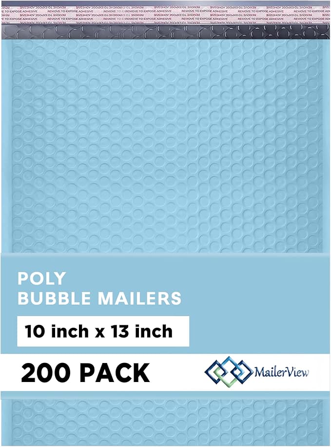 Light Blue Bubble Mailers 10x13, Self Seal Poly Padded Envelopes, 200 Pack | Fits Books & Magazines, No Tape Needed, Cushioned Protection, Water-Resistant Poly, Bulk Pack for Small Business