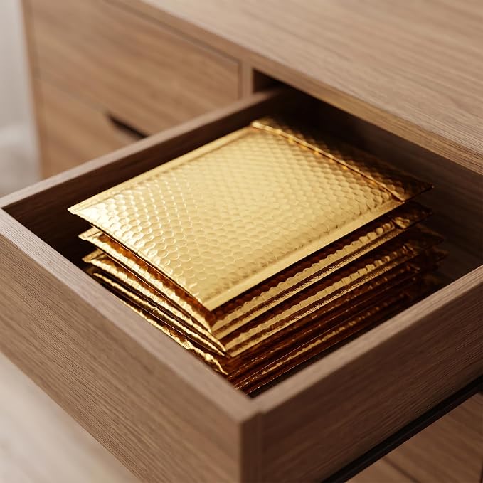 100 PCS 5 x 6 Inch Metallic Bubble Mailers, Gold Padded Mailing Envelopes | GINLANK Practical Self Seal Aluminum Film Shipping Envelopes for Packing, Mailing