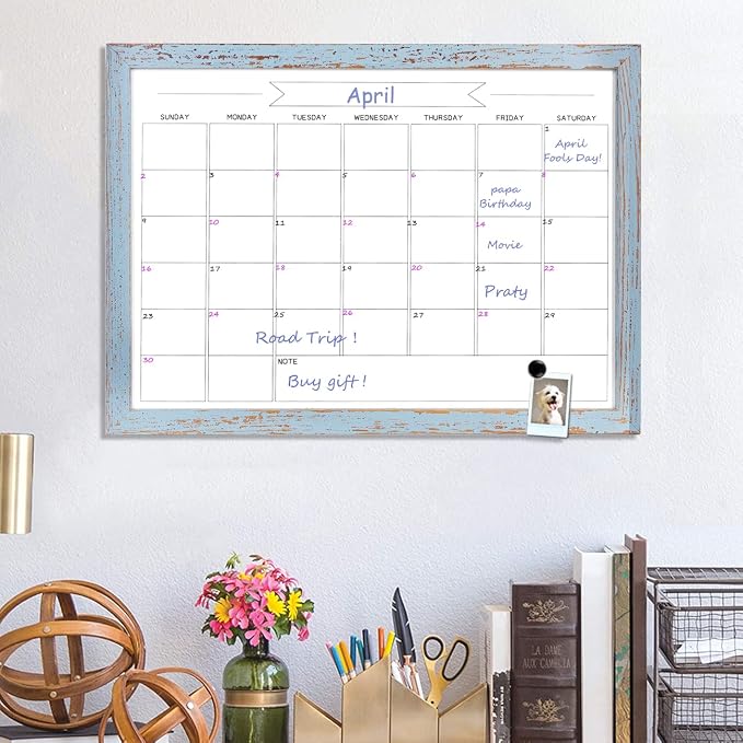 Dry Erase Monthly Calendar Whiteboard,10.6"x 14.6" Small Magnetic White Board for Wall, Hanging Board for Office/School/Home, Solid Pine Wood Frame (Blue)