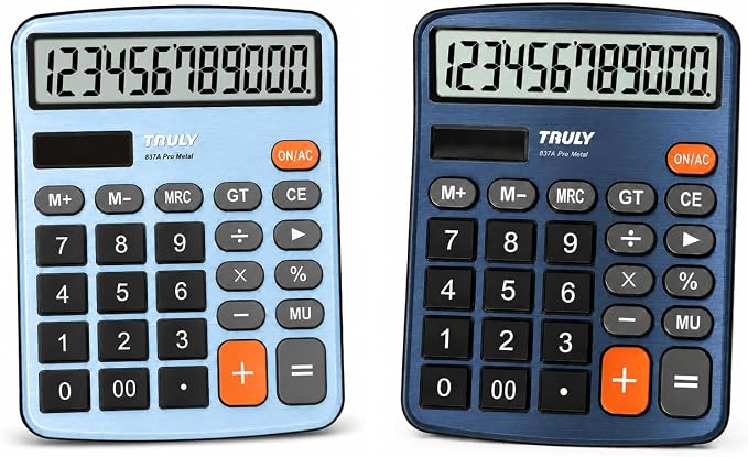 TRULY 12-Digit Desktop Calculator with Large Display, Big Buttons, Dual Power (Solar + Battery), Metal Finish, Ideal for Office, Home, School – 837A Pro Metal 2 Pack Blue/Light Blue