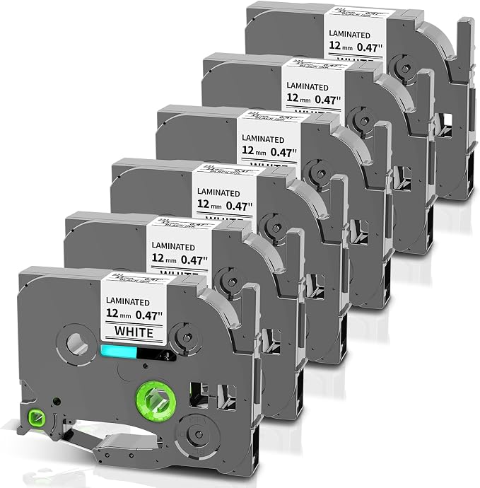 Label Maker Tape Refill Replacement for Brother TZe-231 TZe231 12mm 0.47'' | Laminated White P Touch TZe TZ Label Tape Compatible with Brother PT-D220 D210 H110 D410 D610BT, 12mm x 8m, 6-Pack