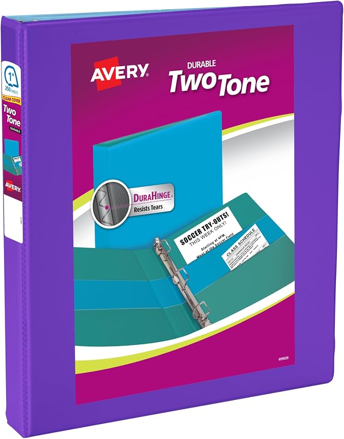 Avery® Two-Tone 3 Ring Binder, 1" Slant Rings, 1 Violet/Blue Binder | For School, Home and Office Organization, DuraHinge Tear-Resistant Spine, DuraEdge Split-Resistant Edges, Interior Pockets