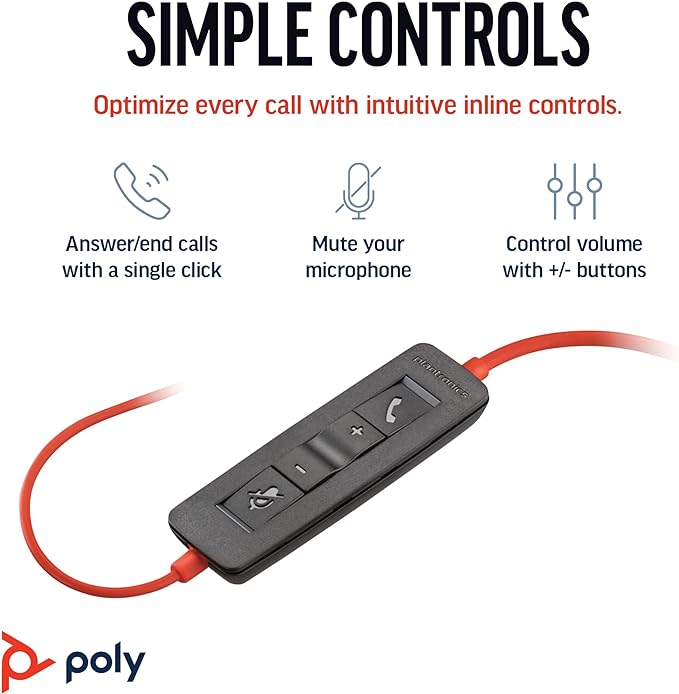 Poly Blackwire 3220 Wired Headset with Mic, Hi-Fi Stereo Sound, Noise-Canceling Mic, Stereo Design, Connect to PC via USB-C & USB-A Adapter, Over-Ear Design, Works with Virtual Meeting Platforms