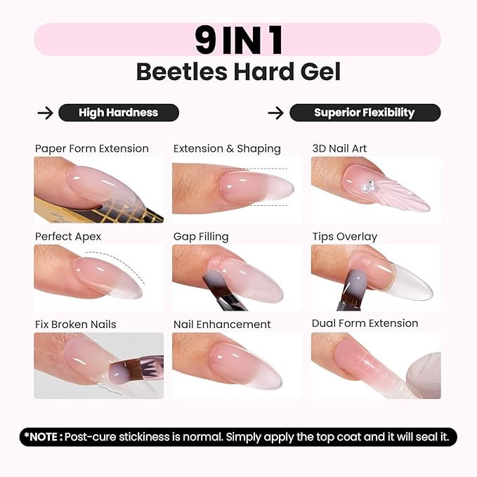 Beetles HEMA-Free Hard Gel-Dewy Breeze 1 oz 9 in 1 Nail Extension,Sculpting,Building Apex & Nail Repair for Pros,Clear Builder Nails Gel,High Hardness, UV & LED Lamp Needed