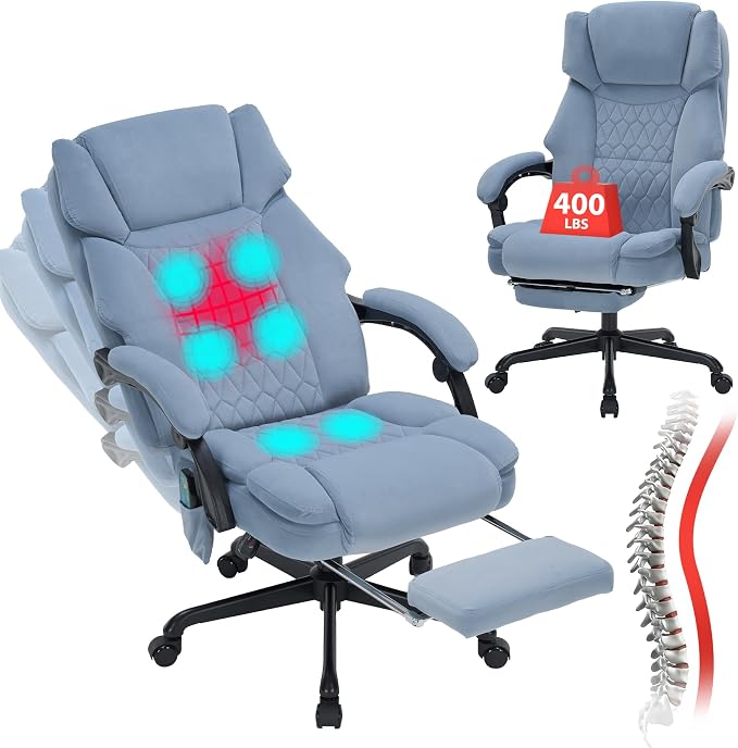 Massage Office Chair with Foot Rest 6 Points Vibration and Heat Home Office Desk Chairs for Heavy People 400lbs Reclining Managerial Chairs Ergonomic Executive Chair (Dustyblue)
