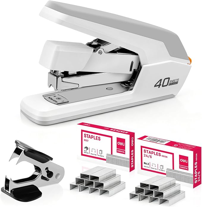 Deli Effortless Desktop Stapler, Heavy Duty Stapler, White | 40-50 Sheet Capacity, One Finger, No Effort, Includes 1500 Staples & Staple Remover