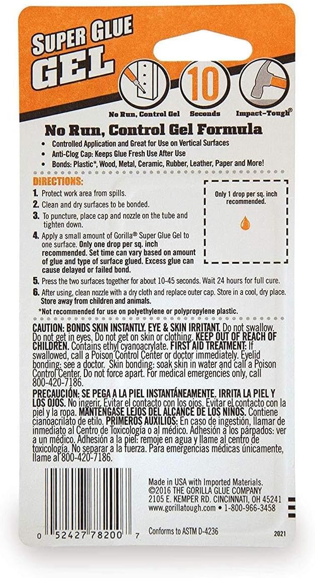 Gorilla Super Glue Gel, Two 3 Gram Tubes, Clear, (Pack of 10)