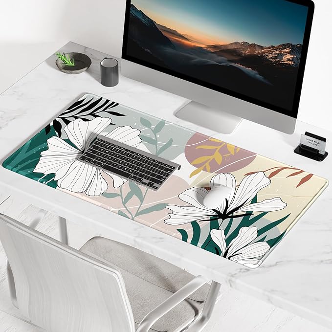 BOSOBO Large Mouse Pad, Desk Pad, XXL XL Extended Gaming Mouse Pad, Desk Mat for Office & Home, Long Keyboard Mat, Huge Mouse Pad, Desktop Full Cover 35.5 x 15.7 Inches, Modern Style Blue Flowers