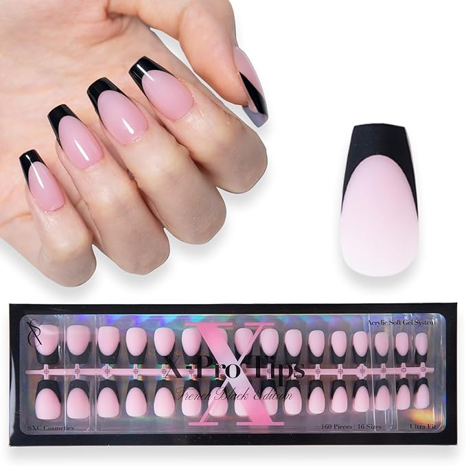 SXC Cosmetics French Tip Press On Nails 150 Pieces in 15 Sizes Ultra Fit with Pre-applied Tip Primer and Base Coat, No Need to File Fake Nails for Nail Art DIY X-Pro Tips (BLACK119-S Coffin)